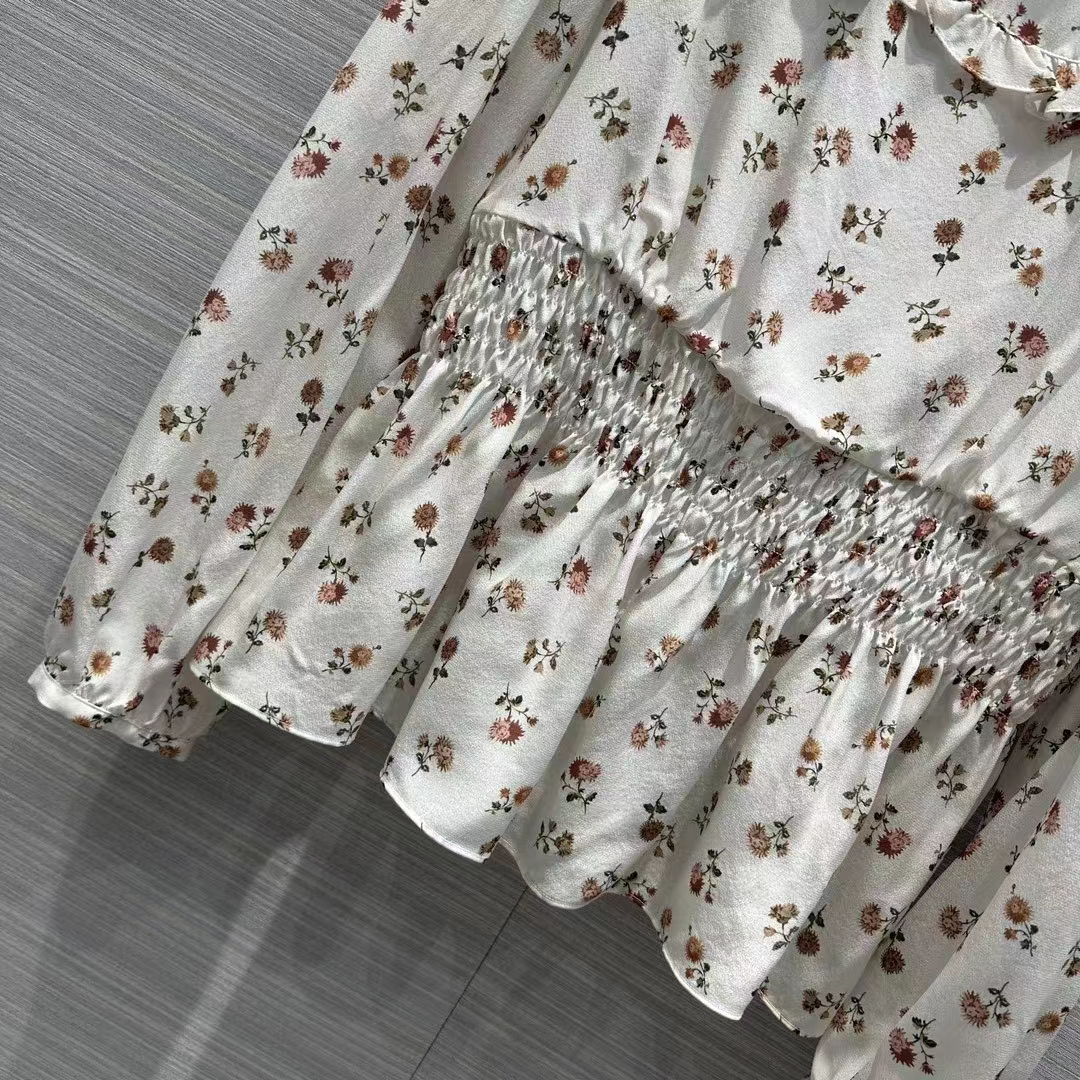 Louis Vuitton LV Women Floral Print Ruffle Collar Shirt Silk Milky White Regular Fit