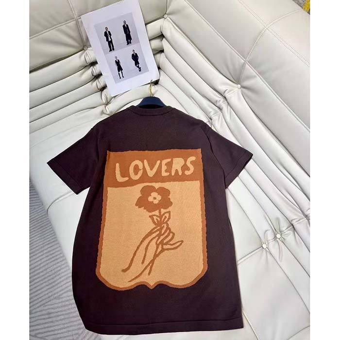 Louis Vuitton Women LV Short-Sleeved Cotton Intarsia Crewneck Staple Fit Ribbed Collar Compact Knit