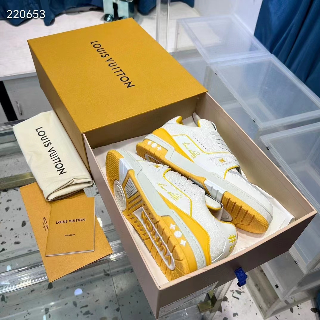 Louis Vuitton Unisex LV Trainer Sneaker Yellow Calf Leather Rubber Outsole Monogram Flowers 1ACI1J