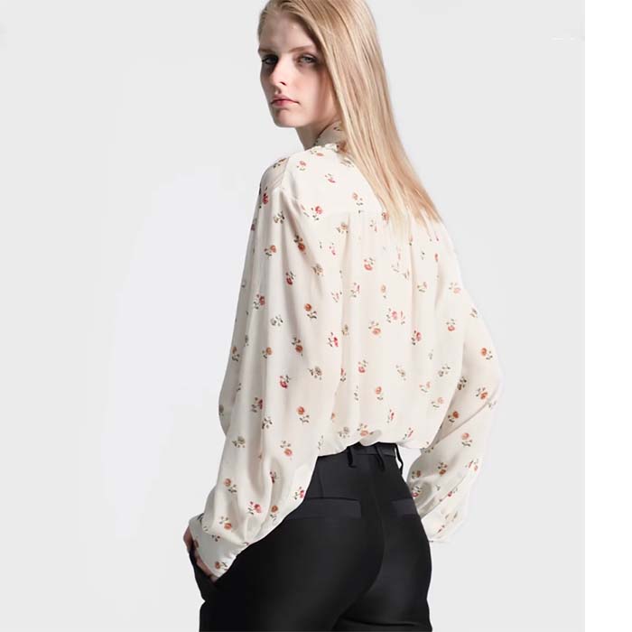 Louis Vuitton Women LV Floral Print Ruffle Collar Shirt Silk Milky White Regular Fit