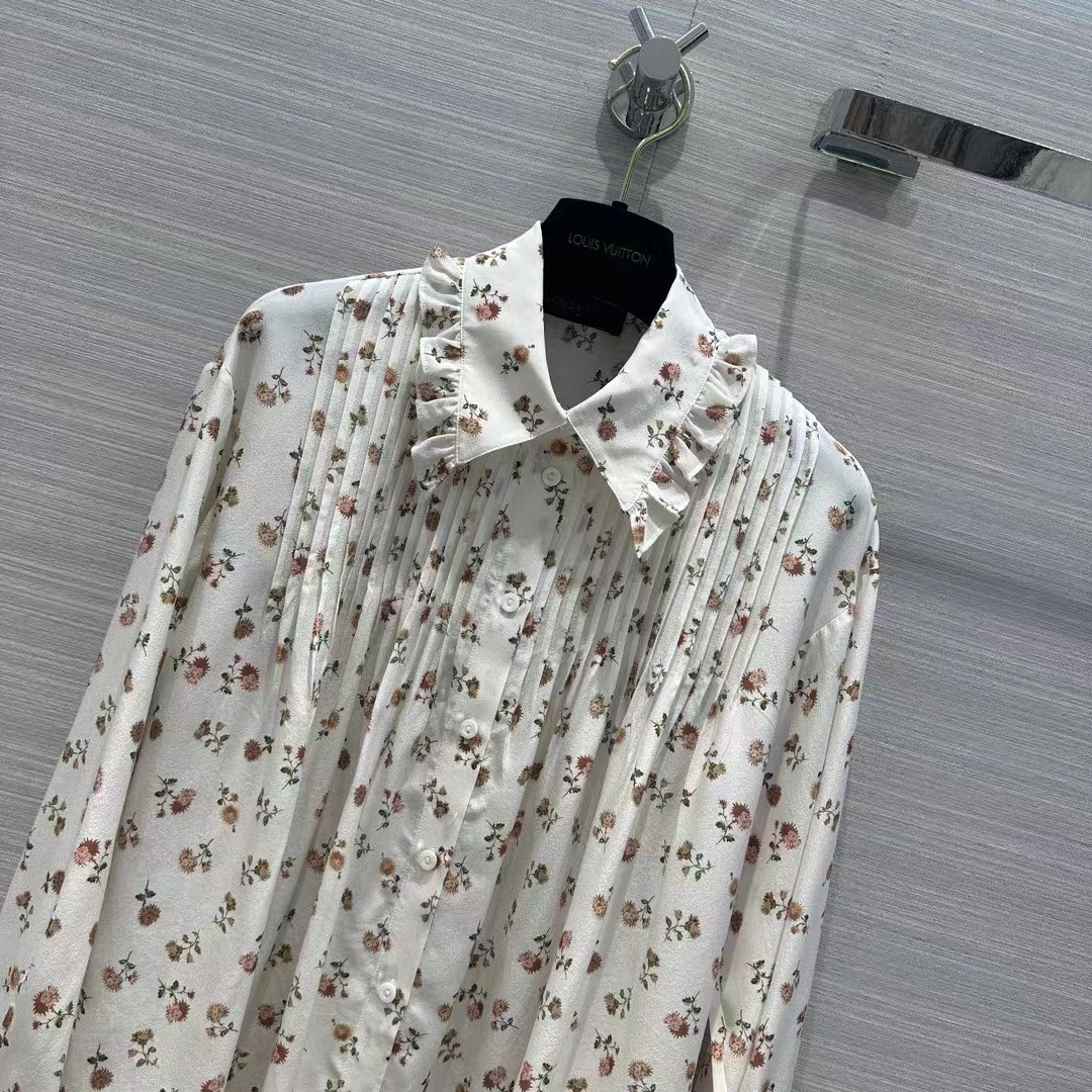 Louis Vuitton Men LV Floral Print Ruffle Collar Shirt Silk Milky White Regular Fit