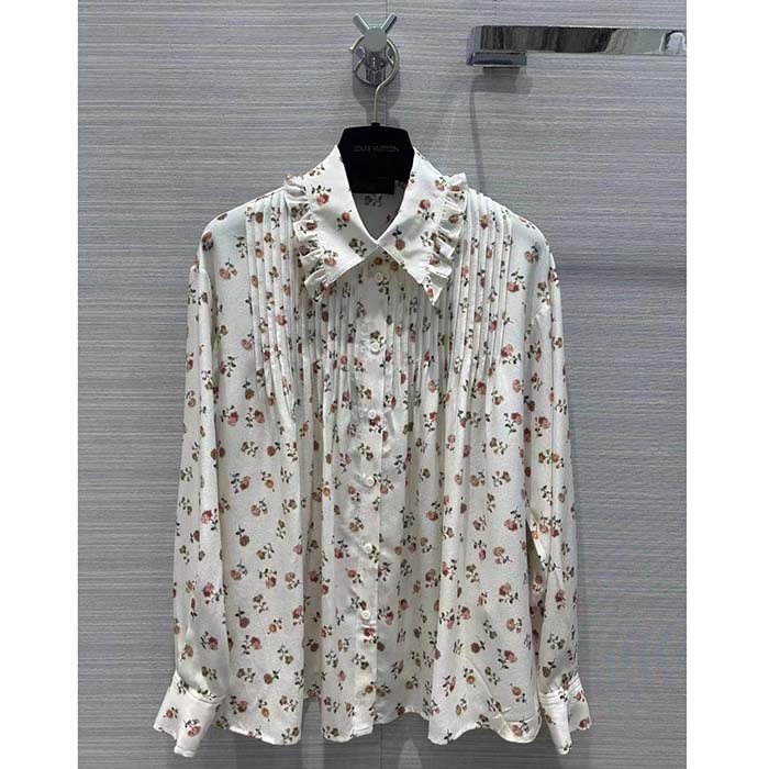 Louis Vuitton Men LV Floral Print Ruffle Collar Shirt Silk Milky White Regular Fit