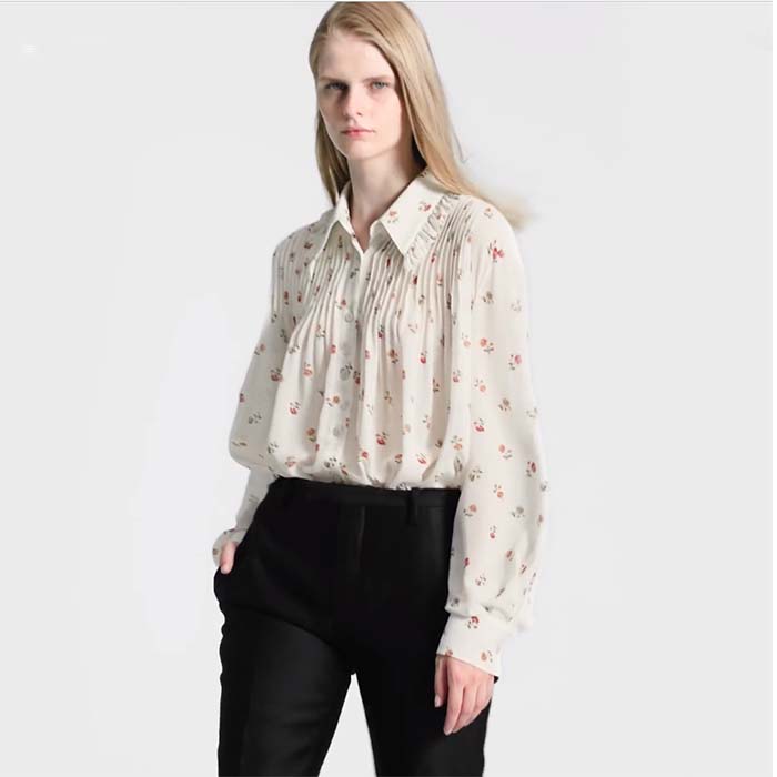 Louis Vuitton Women LV Floral Print Ruffle Collar Shirt Silk Milky White Regular Fit