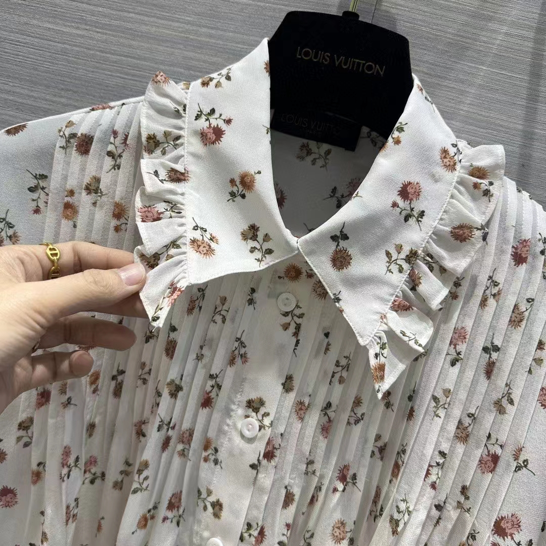 Louis Vuitton Men LV Floral Print Ruffle Collar Shirt Silk Milky White Regular Fit