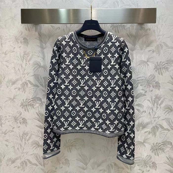 Louis Vuitton Women LV Monogram Jacquard Pullover Wool Cotton Grey Blue Regular Fit