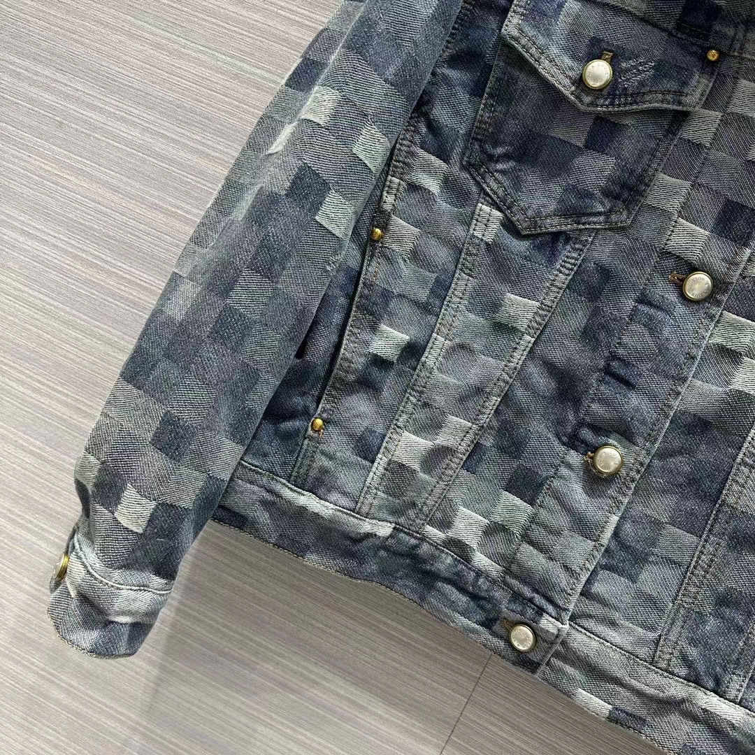 Louis Vuitton Men LV Runaway Damier Classic Denim Jacket Regular Fit Allover Damoflage Jacquard