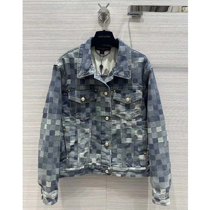 Louis Vuitton Men LV Runaway Damier Classic Denim Jacket Regular Fit Allover Damoflage Jacquard