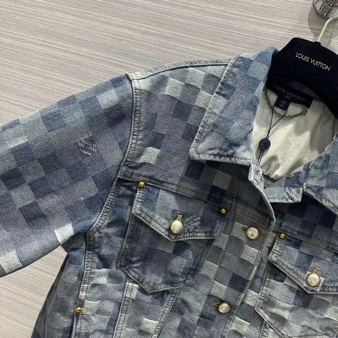 Louis Vuitton Men LV Runaway Damier Classic Denim Jacket Regular Fit Allover Damoflage Jacquard