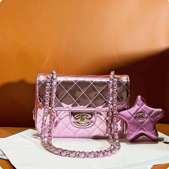 Chanel Women CC 22 Mini Flap Bag Star Coin Purse Mirror Metallic Calfskin Pink