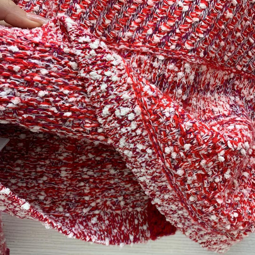 Chanel Women CC Coat Embroidered Cotton Wool Tweed Red White