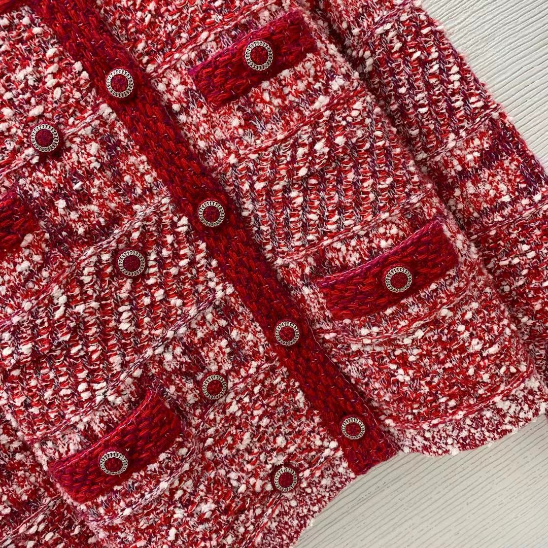 Chanel Women CC Coat Embroidered Cotton Wool Tweed Red White