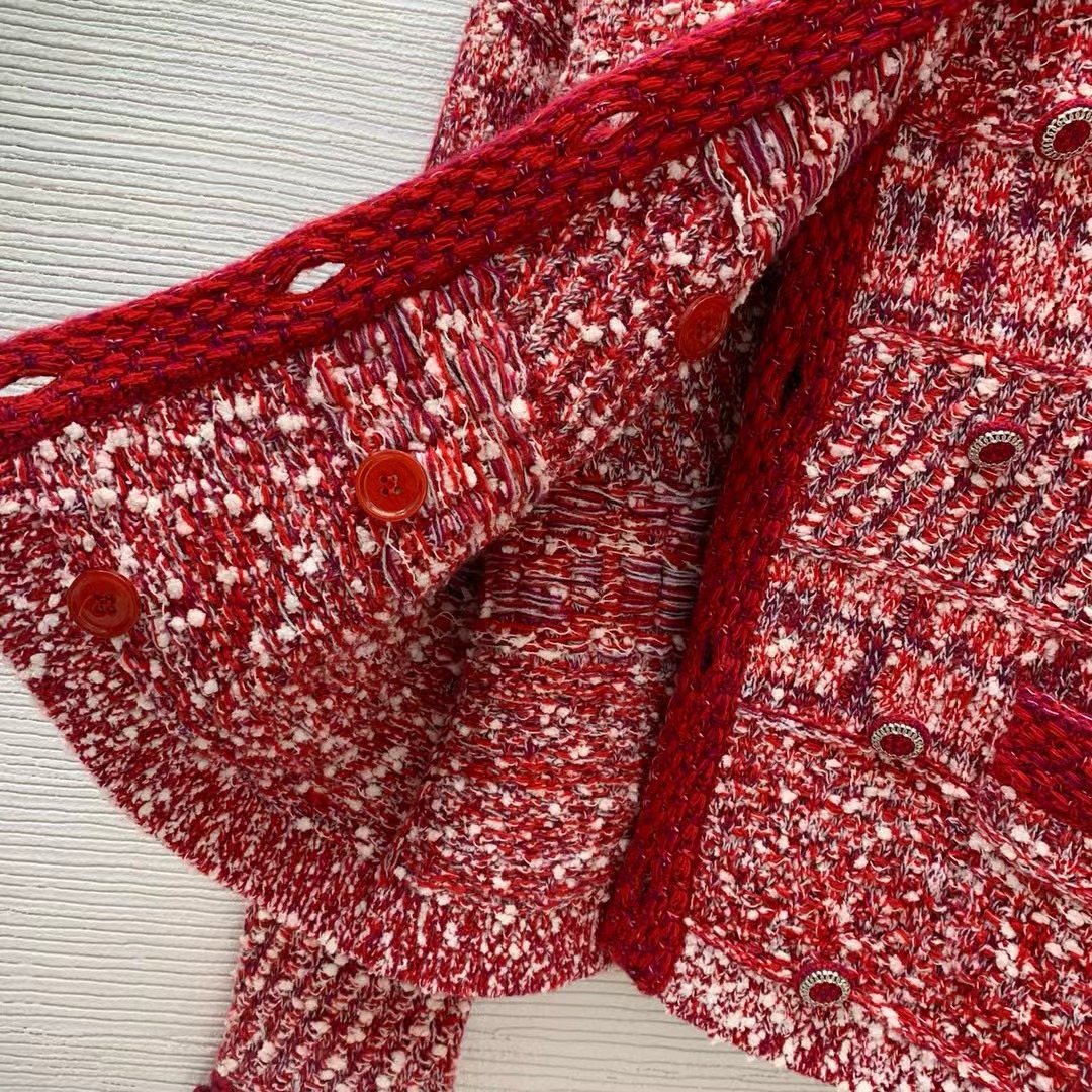 Chanel Women CC Coat Embroidered Cotton Wool Tweed Red White