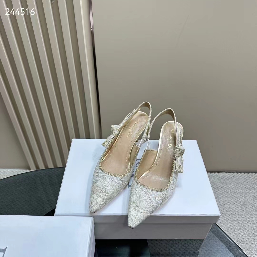 Dior CD Women J’Adior Slingback Pump White Gold-Tone Toile De Jouy Mexico Embroidered Cotton