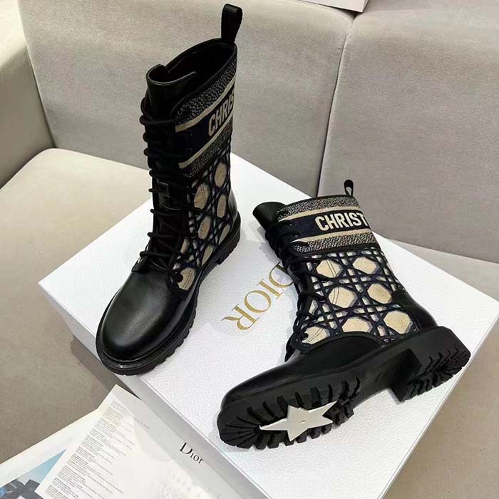 Dior Women CD D-Major Ankle Boot Black Calfskin Deep Blue Beige Embroidered Cannage Cotton Reference: KCI976CMY_S49X