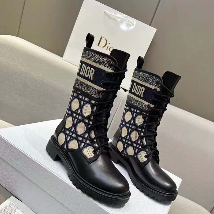 Dior Women CD D-Major Ankle Boot Black Calfskin Deep Blue Beige Embroidered Cannage Cotton Reference: KCI976CMY_S49X