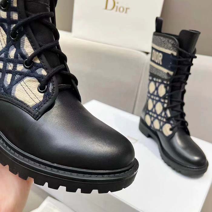 Dior Women CD D-Major Ankle Boot Black Calfskin Deep Blue Beige Embroidered Cannage Cotton Reference: KCI976CMY_S49X