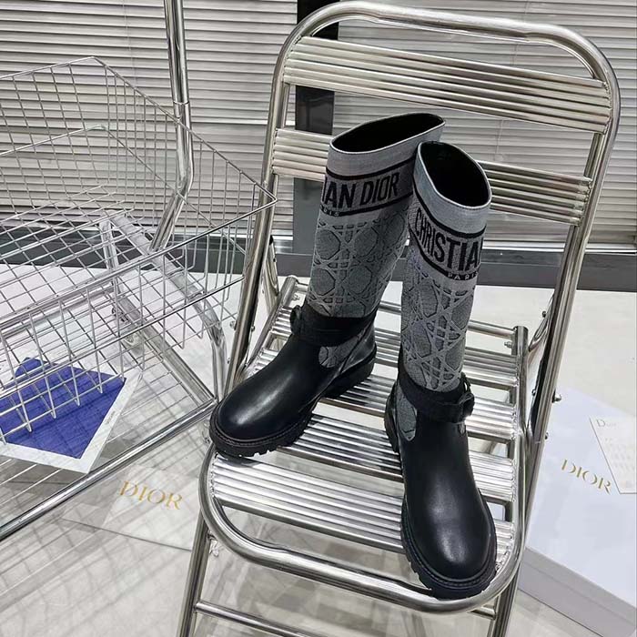 Dior Women CD D-Major Ankle Boot Black Calfskin Gray Embroidered Cannage Cotton Reference: KCI981CGY_S48X
