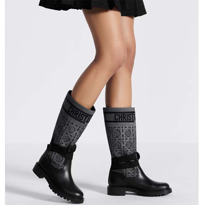 Dior Women CD D-Major Ankle Boot Black Calfskin Gray Embroidered Cannage Cotton Reference: KCI981CGY_S48X