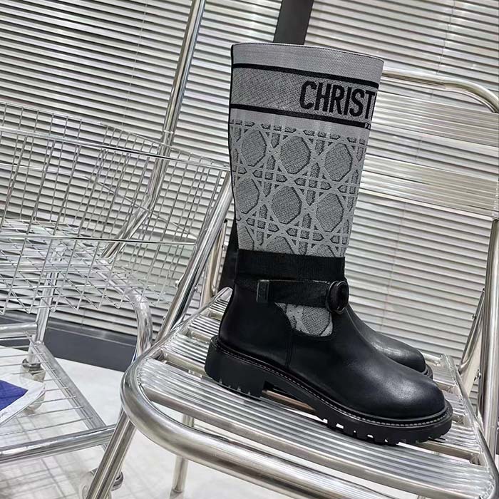 Dior Women CD D-Major Ankle Boot Black Calfskin Gray Embroidered Cannage Cotton Reference: KCI981CGY_S48X