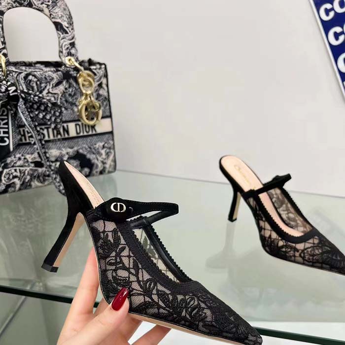 Dior Women CD Dior Capture Heeled Mule Transparent Mesh Embroidered Black Butterfly Suede Calfskin Reference: KCV032BYE_S900