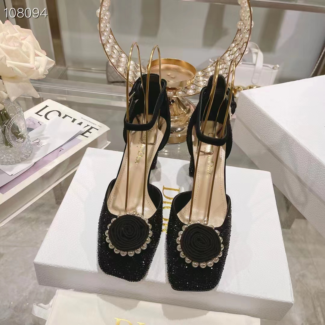 Dior Women CD Dior Rose Pump Black Suede Calfskin Strass White Resin Pearls