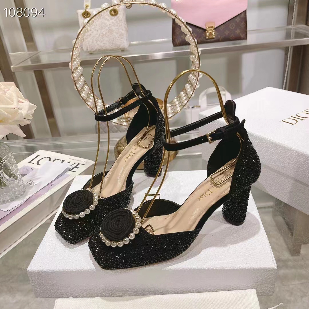 Dior Women CD Dior Rose Pump Black Suede Calfskin Strass White Resin Pearls