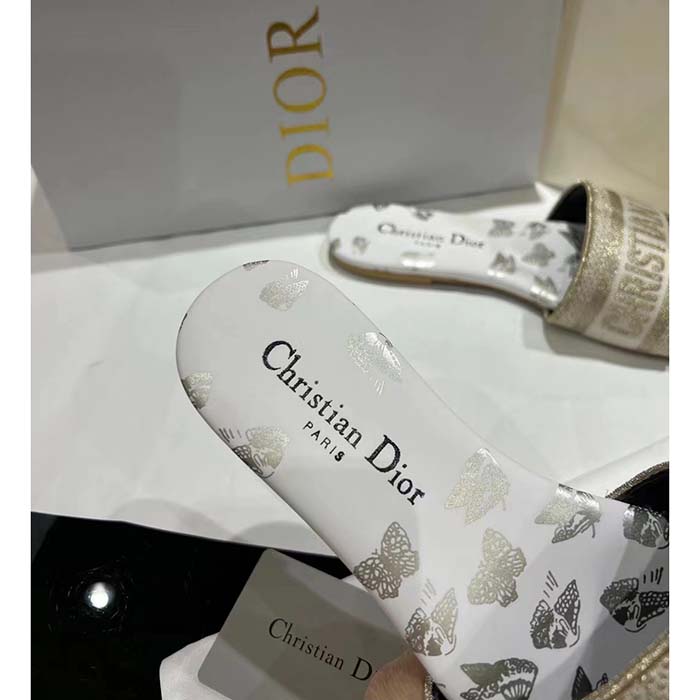 Dior Women CD Dway Slide White Gold-Tone Gradient Butterflies Embroidered Cotton Metallic Thread