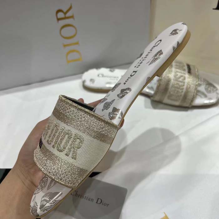 Dior Women CD Dway Slide White Gold-Tone Gradient Butterflies Embroidered Cotton Metallic Thread