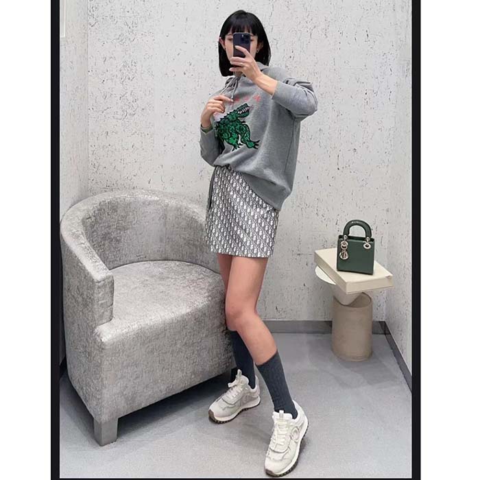 Dior Women CD Embroidered Hooded Sweatshirt Gray Cotton Jersey Green Dragon