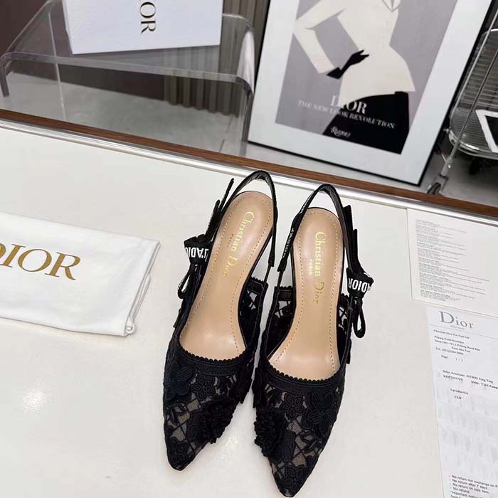 Dior Women CD J’Adior Slingback Pump Transparent Mesh Embroidered Black 3D Macramé-Effect