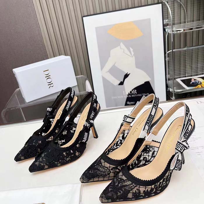 Dior Women CD J’Adior Slingback Pump Transparent Mesh Embroidered Black 3D Macramé-Effect