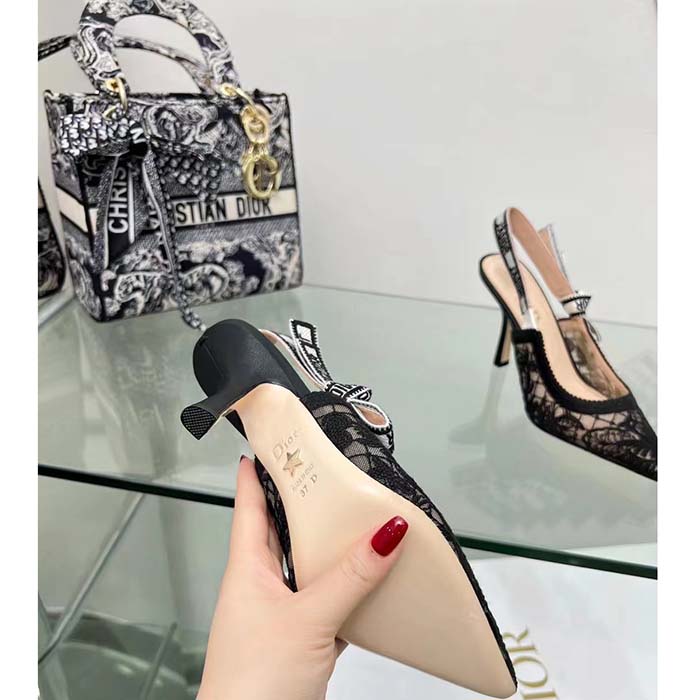 Dior Women CD J’Adior Slingback Pump Transparent Mesh Embroidered Black Butterfly Motif Reference: KCV038BYE_S900