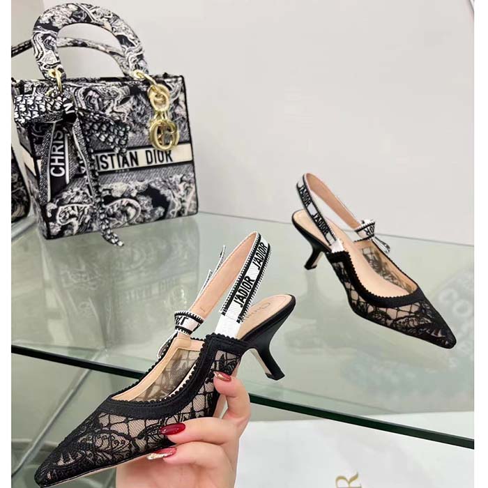Dior Women CD J’Adior Slingback Pump Transparent Mesh Embroidered Black Butterfly Motif Reference: KCV038BYE_S900