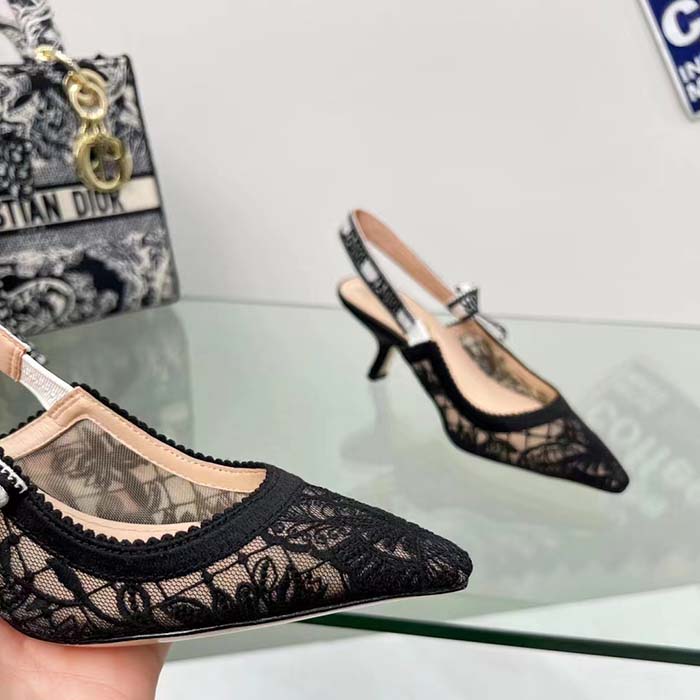 Dior Women CD J’Adior Slingback Pump Transparent Mesh Embroidered Black Butterfly Motif Reference: KCV038BYE_S900
