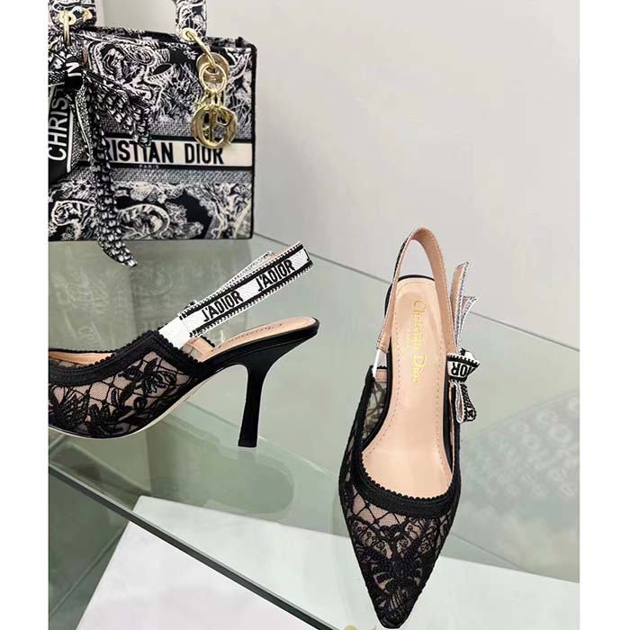 Dior Women CD J’Adior Slingback Pump Transparent Mesh Embroidered Black Butterfly Motif Reference: KCV039BYE_S900