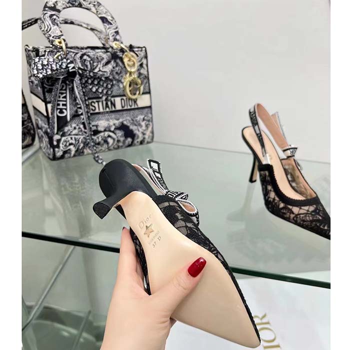 Dior Women CD J’Adior Slingback Pump Transparent Mesh Embroidered Black Butterfly Motif Reference: KCV039BYE_S900