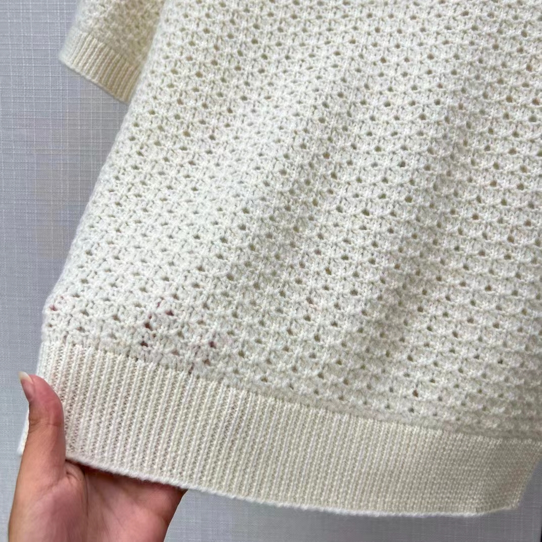 Dior Women CD Macrocannage Polo Shirt Ecru Alpaca Cashmere Silk Openwork Knit