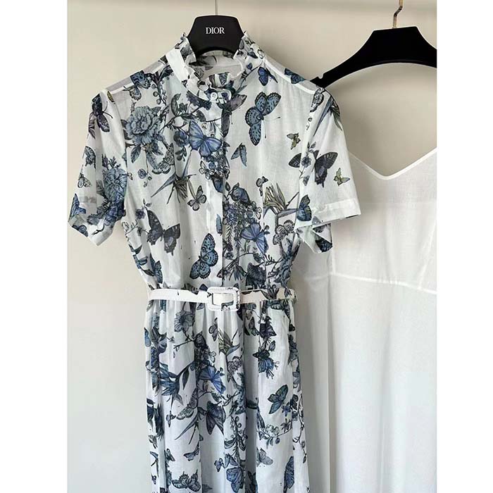 Dior Women CD Mid-Length Shirt Dress White Blue Cotton Voile