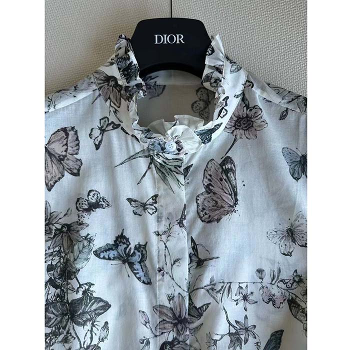 Dior Women CD Mid-Length Shirt Dress White Pink Cotton Voile