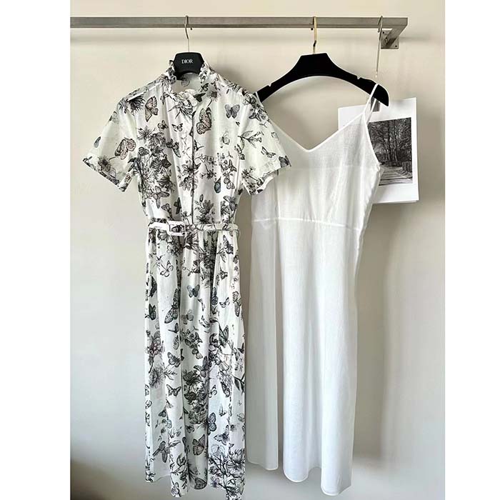 Dior Women CD Mid-Length Shirt Dress White Pink Cotton Voile