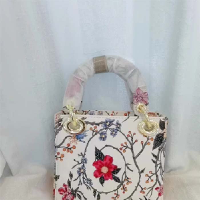 Dior Women CD Mini Lady Dior Bag White Multicolor Calfskin Chinese Rose Print Embroidery