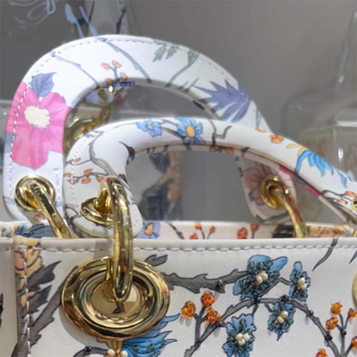 Dior Women CD Mini Lady Dior Bag White Multicolor Calfskin Chinese Rose Print Embroidery
