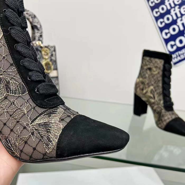 Dior Women CD Naughtily-D Ankle Boot Mesh Embroidered Black Butterfly Metallic Thread Suede Calfskin KCI980BXT_S21X
