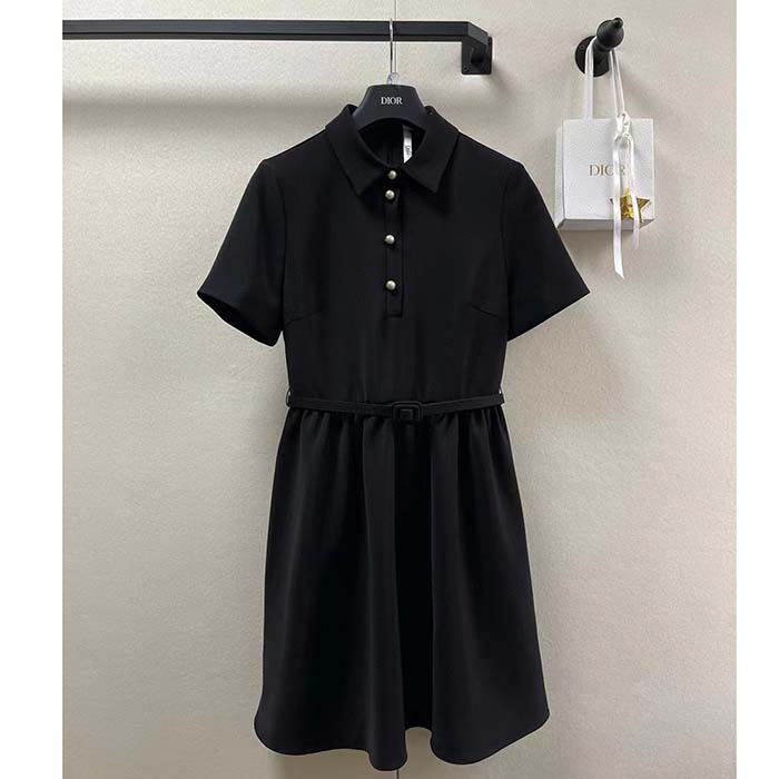 Dior Women CD Short Belted Shirt Dress Black Wool Silk