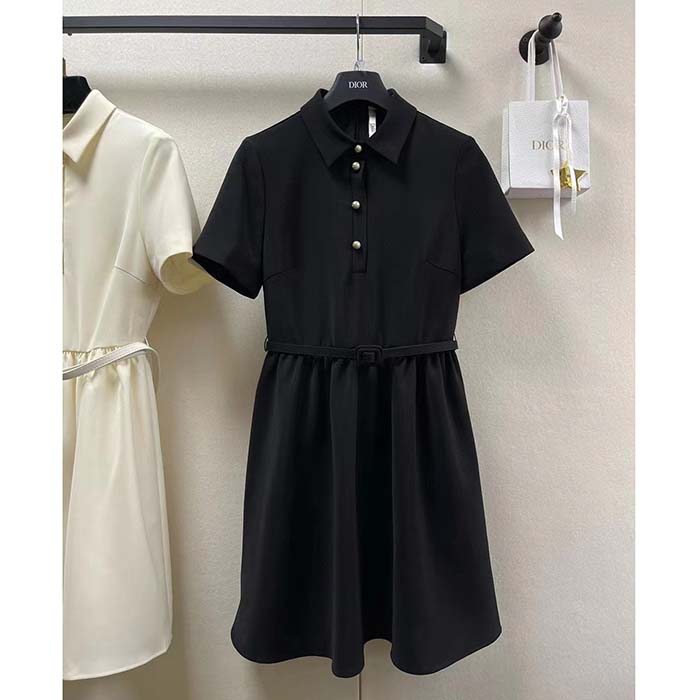 Dior Women CD Short Belted Shirt Dress Black Wool Silk