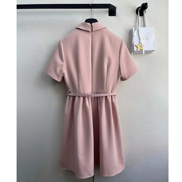 Dior Women CD Short Belted Shirt Dress Pink Wool Silk