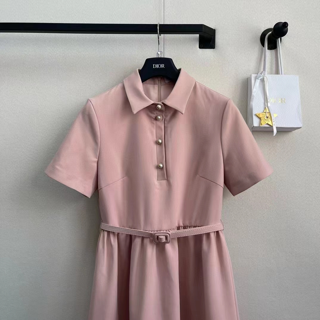Dior Women CD Short Belted Shirt Dress Pink Wool Silk