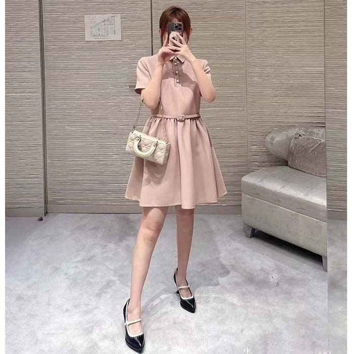 Dior Women CD Short Belted Shirt Dress Pink Wool Silk