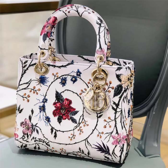 Dior Women CD Small Lady Dior Bag White Multicolor Calfskin Chinese Rose Print Embroidery