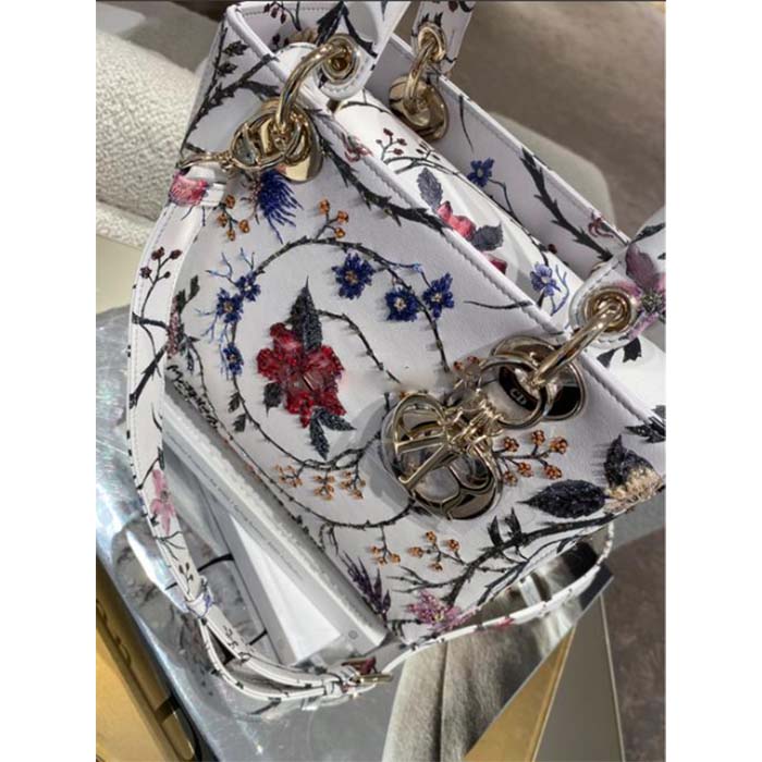 Dior Women CD Small Lady Dior Bag White Multicolor Calfskin Chinese Rose Print Embroidery
